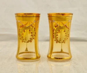 Antique Victorian Pair Bohemian Moser enamel Acorn wreath Art Glass beaker vases - Picture 1 of 5
