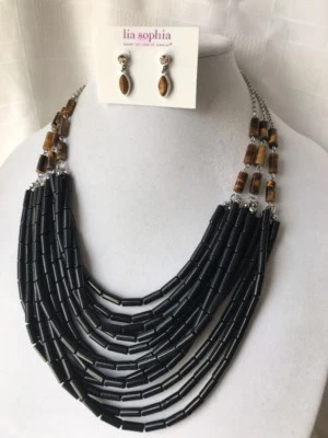 Collar Lia Sophia Habana Ojo de Tigre Negro Cuentas Multicapa y Oreja Navette Foto 1 de 4