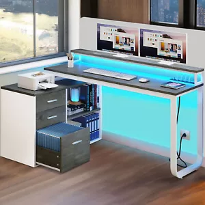 L Shaped Desk with Power Outlet & LED Lights & File Cabinet Corner Computer Desk - Picture 1 of 9