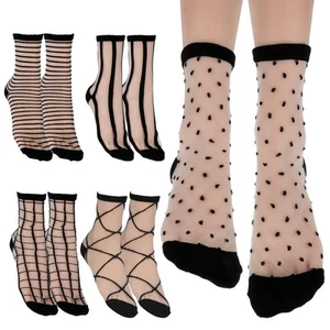 5 Pairs Sheer Ankle Socks Black See Through Striped Plaid Dot Transparent - Picture 1 of 8