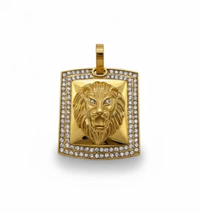 Löwenkopf Anhänger Herren vergoldet Edelstahl CZ Charm 1,8 Zoll - Bild 1 von 3