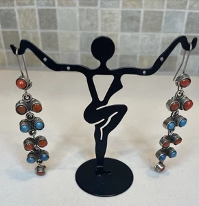 Sterling Silver / 925 NatAm Large Statement Coral & Turquoise Dangle Earrings - Picture 1 of 14