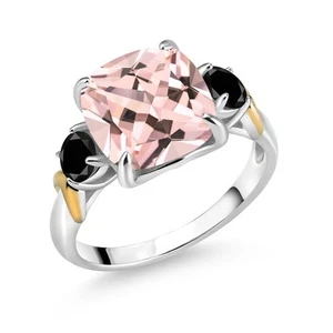 925 Silver and 10K Yellow Gold Peach Nano Morganite and Black Diamond 3 Stone - Picture 1 of 3