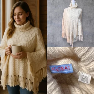 Acrobat Alpaka Wolle Poncho Pullover OS weiß Zopfmuster Fransen Rollkragen kuschelig - Bild 1 von 11