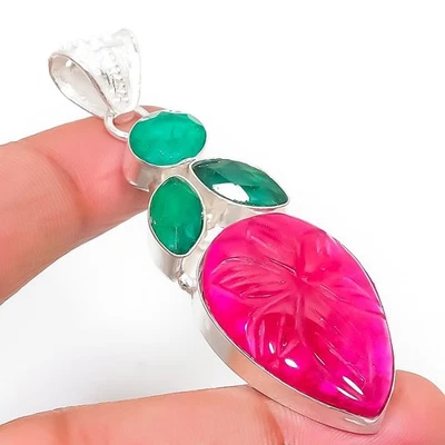 Pendente In Argento Sterling 925 Con Gemma Di Giada Verde Simulata 2.56" - Immagine 1 di 4