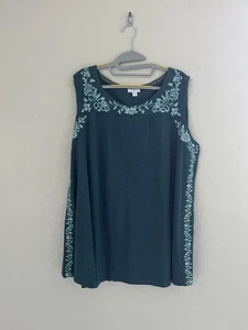 J Jill Teal Floral Embroidered Tank Top Size 3X Relaxed Fit Resort wear NEW - Picture 1 of 8