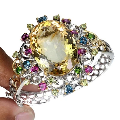 925 Sterling Silver Bangle Oval Citrine 65ct Topaz Handmade Gem Jewelry 6.2 Rare - Image 1 of 4
