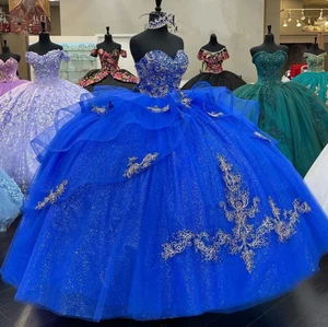 Royal Blue Quinceanera Dresses Gold Appliques Sweet 16 Party Prom Ball Gown - Picture 1 of 9
