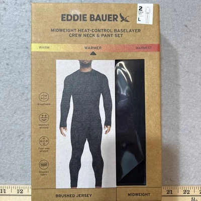 2-Piece Set Eddie Bauer Midweight Base Layer Crew / Pant Set Men L Black SEALED - Image 1 of 4