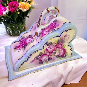 Plato de Queso Cubierto de Porcelana Pintado a Mano R S Prusia REPRODUCCIÓN Rosas Rosas - Imagen 1 de 22