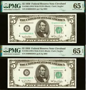 1950C $5 Federal Reserve Note PMG 65EPQ 2-Consecutive Cleveland Fr 1961-DWide II - Picture 1 of 5