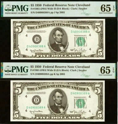 1950C $5 Federal Reserve Note PMG 65EPQ 2-Consecutive Cleveland Fr 1961-DWide II - Image 1 of 4