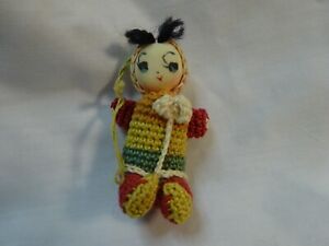 Vtg Miniature Crochet Doll Christmas Ornament 2 1/4” Tall Hand Painted Face HTF