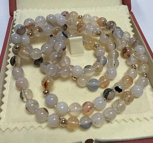 GUMP’S 14K YELLOW GOLD DENDRITIC AGATE BALL BEAD NECKLACE 36” CONTINUOUS BOXED - Picture 1 of 4
