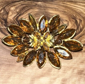 Vintage Honey Amber Navette Rhinestone Flower Spray Brooch Estate Jewelry - Picture 1 of 4