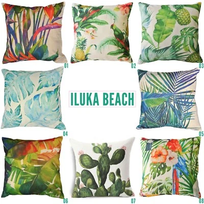 OUTDOOR CUSHION COVERS 50CM COTTON LINEN Tropical Palm Leaf Printed Pillows - Image 1 of 4