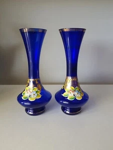 Cobalt Blue Glass Pair Of Vases Hand Painted Flowers Enamel & Gold Accents Japan - Picture 1 of 14