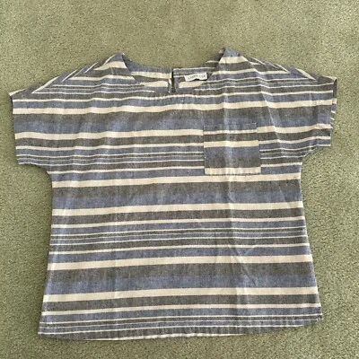 Top de lino Lux para mujer talla grande azul a rayas manga corta bolsillo cuadrado ojo de cerradura Foto 1 de 4