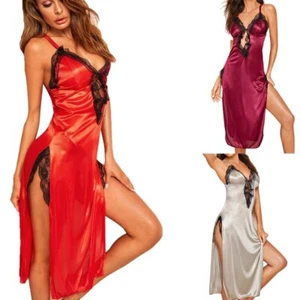 Women Silky Long Night Dress Sexy V-Neck Backless Lace Split Lingerie Nightgown - Picture 1 of 16