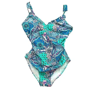 Spanx Love Your Assets Swimsuit Women L Blue Multi Paisley 1 Piece Tummy Control - Picture 1 of 10