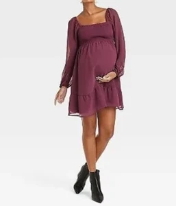 Women’s Isabel Maternity Long Sleeve Chiffon Mini Dress Burgundy XS NWT - Picture 1 of 7