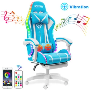 RGB LED Light Computer Gaming Chair Bluetoot Speakers Massage Recliner Footrest - Picture 1 of 12