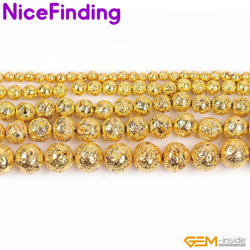 Cuentas redondas de piedra de roca volcánica recubiertas metálicas doradas para hacer joyas 15" Foto 1 de 4