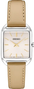 Seiko Essentials SWR089P1 Watch Pink Grid Dial, Gold Markers, Beige Strap, 50M W - Picture 1 of 2