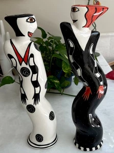 Pair 16" Tall Black & White Ladies by Alison Palmer Pottery Candle Holders - Picture 1 of 9