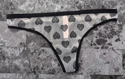 NWT VICTORIA'S SECRET SMALL BLACK VELVET POLKA DOT HEART MESH RARE THONG PANTIES - Image 1 of 3