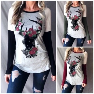 New Womens HOLIDAY CHRISTMAS GRAPHIC Long Sleeve Raglan Top Shirt Floral Deer - Picture 1 of 18