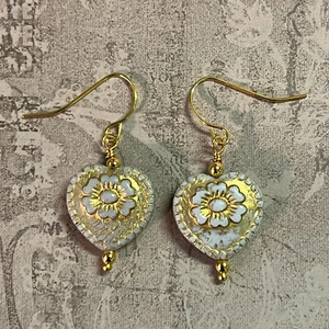 Gold Tone White Opal/Gold Czech Glass Beads Dangle Earrings. Artisan. S295 - Picture 1 of 2