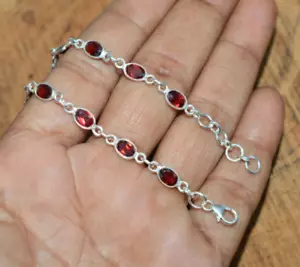 Bracciale Lunetta Regolabile Granato Rosso Sterling 925 Pietra Preziosa Sfaccettata Granato Rosso - Foto 1 di 4