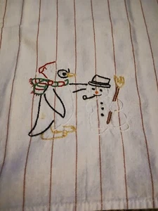 Vintage Embroidered Penguin And Snowman Christmas Linen - Picture 1 of 9