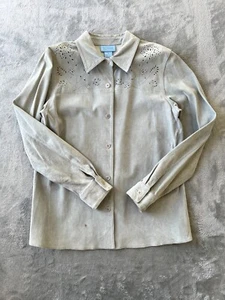 Sigrid Olsen So Blue Pig Suede Jacket Medium Cutouts Artsy Coastal Gray Blue - Picture 1 of 20