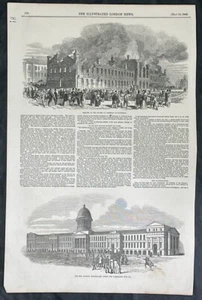 Impresión antigua ilustrada London News 1849 quema del Parlamento Montreal Canadá - Imagen 1 de 2