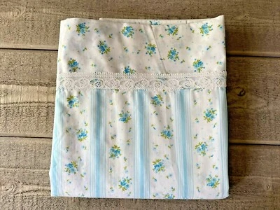 Vintage Springmaid Flat Sheet Lace Trim Floral Stripe Full  - Image 1 of 4