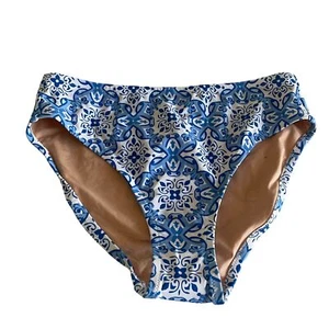 J. Crew Printed Mid-Rise Bikini Bottom White Santorini Blue Swim Sz Small Modest - Picture 1 of 7