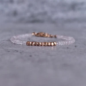 Golden Pyrite & Rose Quartz 2Multi Faceted Rondelle Gemstone Beads Bracelet 6-8" - Picture 1 of 8