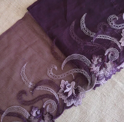 3.5y 8.5'' Wide Purplish Red Mesh Tulle Lace/Embroidered Champagne Flower eh0184 - Image 1 of 2