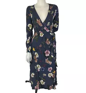 Dotti Dress Navy Blue Size 6 Pink Floral Bird Print Tie Wrap Midi Long Sleeve - Picture 1 of 14