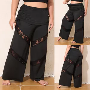 Women Ladies Casual Loose Wide Leg Pants High Waist Lace Drawstrings Trousers - Picture 1 of 15