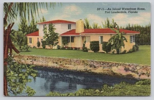 Fort Lauderdale FL Florida Island Waterfront Home Linen Postcard - Picture 1 of 2