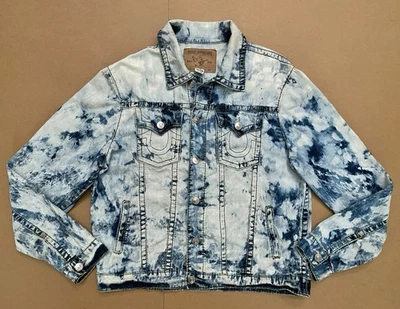 Jaqueta de caminhoneiro True Religion masculina 2XL lavagem ácida azul grunge jeans jeans - Imagem 1 de 4