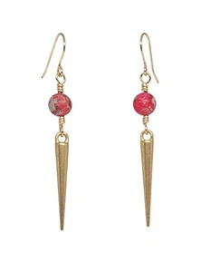 Handgefertigte Boho-Ohrhänger Gold Stachel rosa kaiserlicher Jaspis Edelstein Perlen - Bild 1 von 4