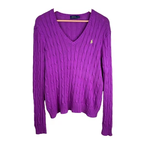 Polo Ralph Lauren Christmas Cable Knit Sweater XL Purple V Neck Preppy Classic - Picture 1 of 8