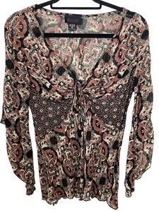 Rouge Boho Paisley Print Tie Front Langarm Bluse Top Damen Gr. M Y2K - Bild 1 von 17