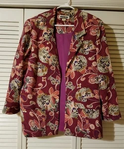Vintage Jo Hannah York Size 16 Jacket Floral Print Open Front Maroon Red - Picture 1 of 10