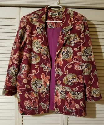 Vintage Jo Hannah York Size 16 Jacket Floral Print Open Front Maroon Red - Image 1 of 4