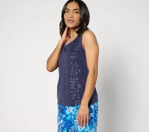 Isaac Mizrahi Live! Women's Top Plus Sz 2X Sequin Front Jersey Green A646502 - Picture 1 of 4